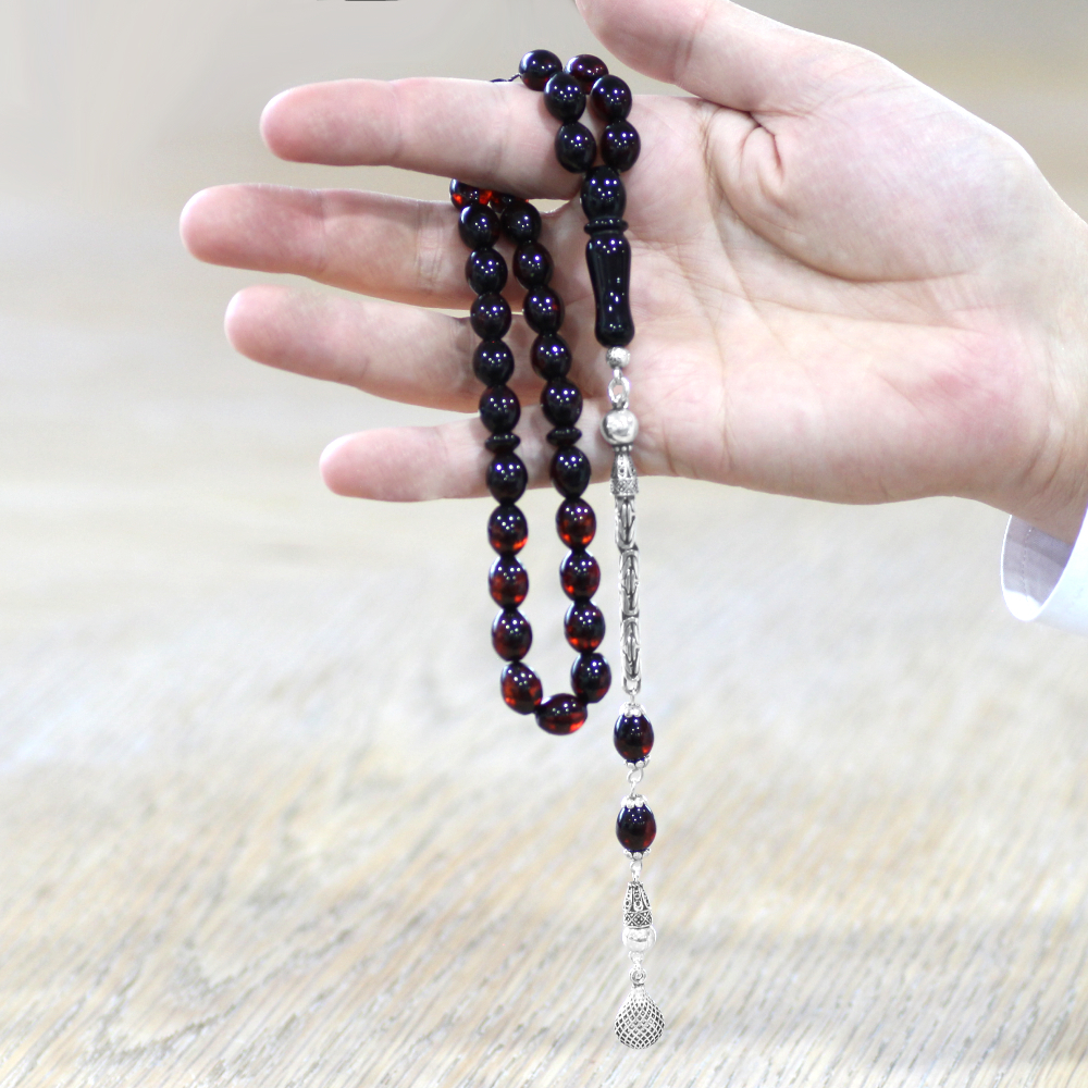 Damla Kehribar Tesbih - 925 Ayar Kral Zincir Püsküllü - Koyu Kırmızı Renk - Arpa Kesim - 2