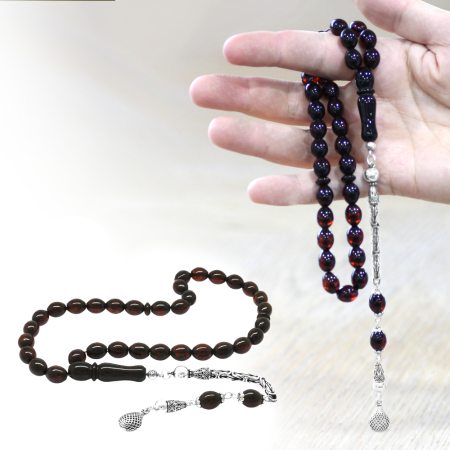 Damla Kehribar Tesbih - 925 Ayar Kral Zincir Püsküllü - Koyu Kırmızı Renk - Arpa Kesim - Tesbihane