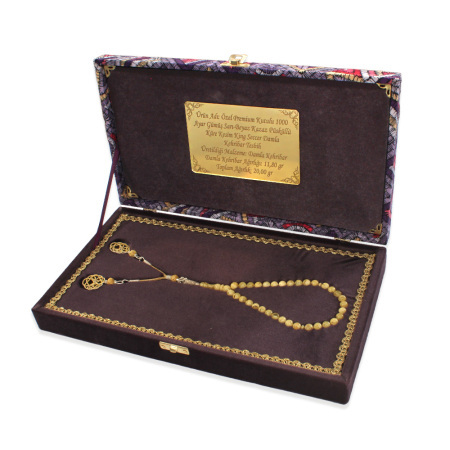 Damla Kehribar Tesbih - King Seccer - 1000 Ayar Gümüş Kazaz Püsküllü - Premium Kutulu - Küre Kesim - Tesbihane