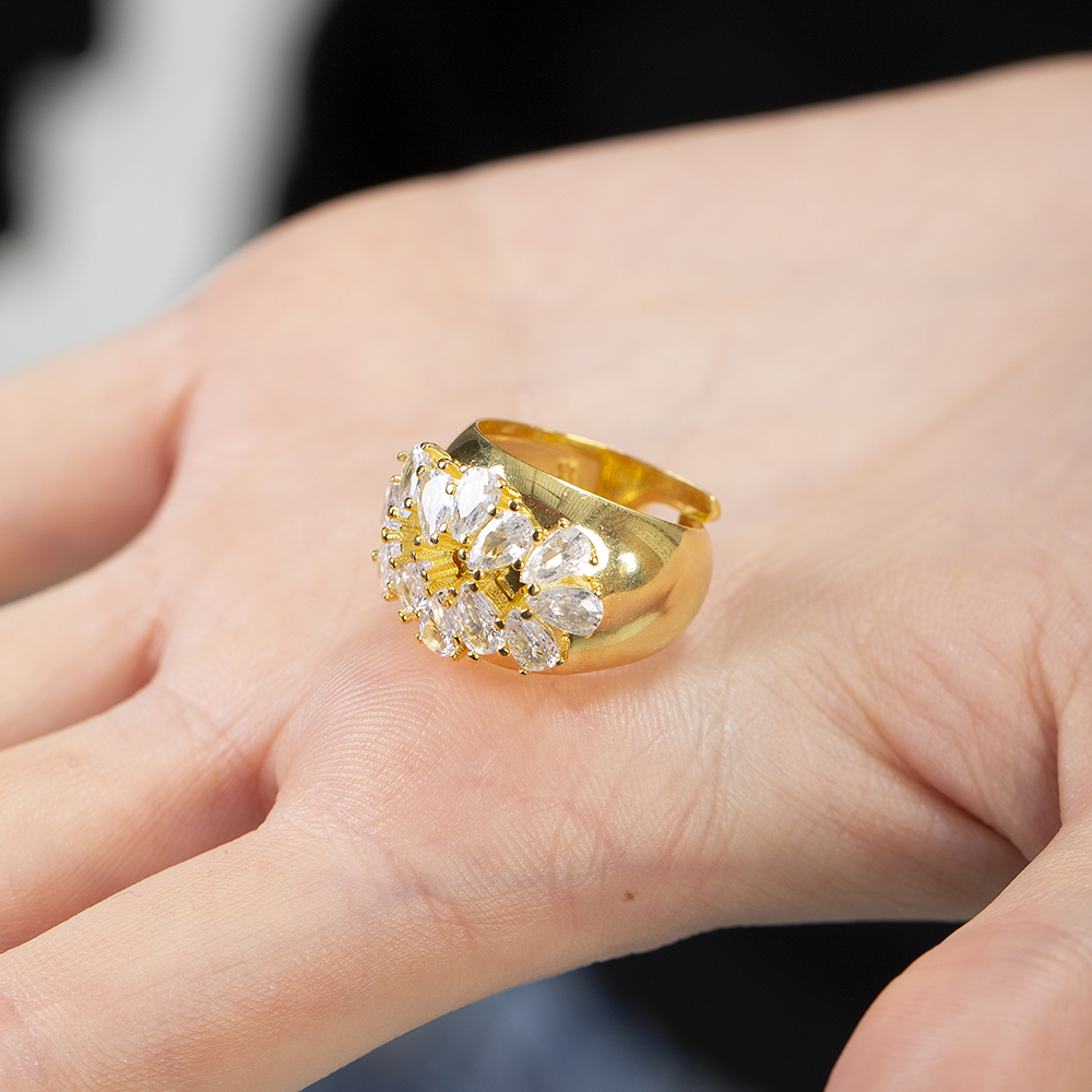 Damla Kesim Beyaz Zirkon Taşlı Altın Renk Ayarlanabilir Ölçü 925 Ayar Gümüş Kadın Yüzük - 5