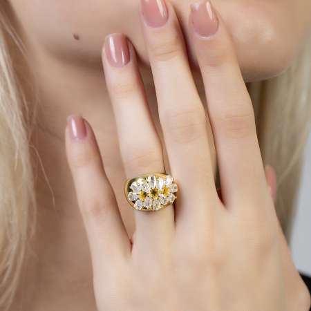 Damla Kesim Beyaz Zirkon Taşlı Altın Renk Ayarlanabilir Ölçü 925 Ayar Gümüş Kadın Yüzük - Tesbihane