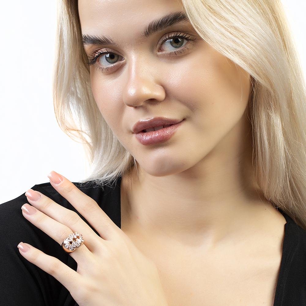 Damla Kesim Beyaz Zirkon Taşlı Rose Renk Ayarlanabilir Ölçü 925 Ayar Gümüş Kadın Yüzük - 3