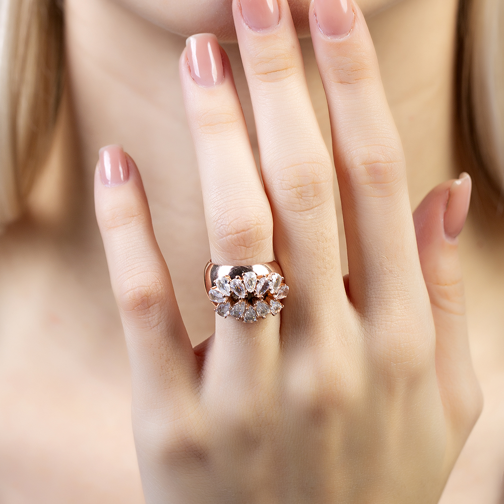 Damla Kesim Beyaz Zirkon Taşlı Rose Renk Ayarlanabilir Ölçü 925 Ayar Gümüş Kadın Yüzük - 1