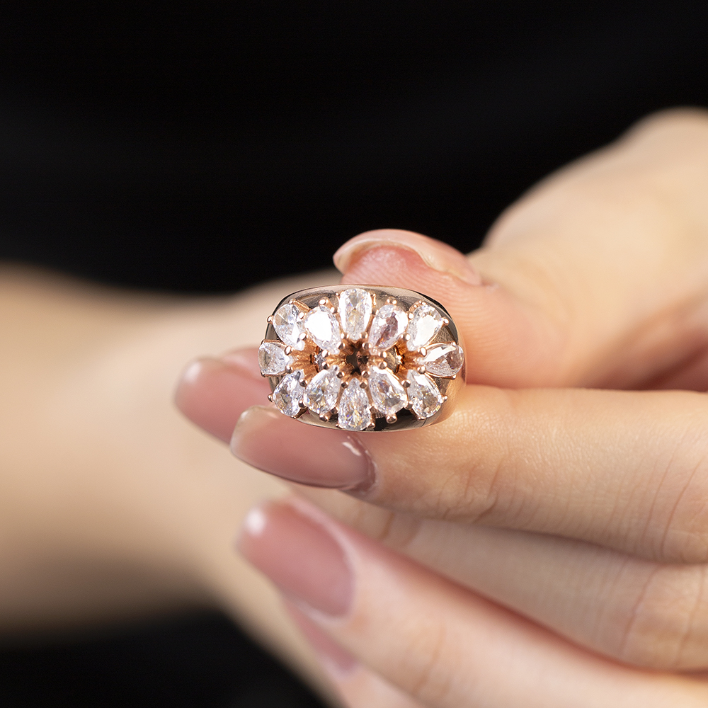 Damla Kesim Beyaz Zirkon Taşlı Rose Renk Ayarlanabilir Ölçü 925 Ayar Gümüş Kadın Yüzük - 2