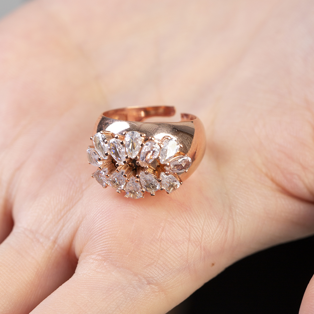 Damla Kesim Beyaz Zirkon Taşlı Rose Renk Ayarlanabilir Ölçü 925 Ayar Gümüş Kadın Yüzük - 5