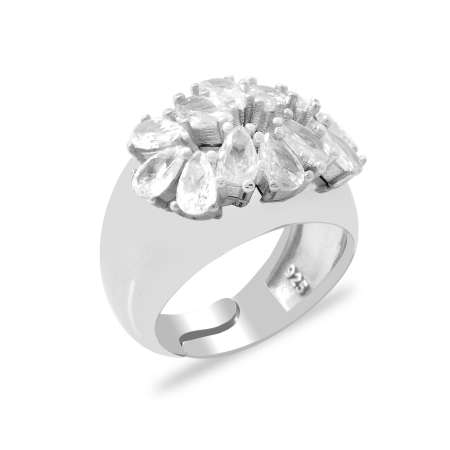 Damla Kesim Beyaz Zirkon Taşlı Gümüş Renk Ayarlanabilir Ölçü 925 Ayar Gümüş Kadın Yüzük - Tesbihane