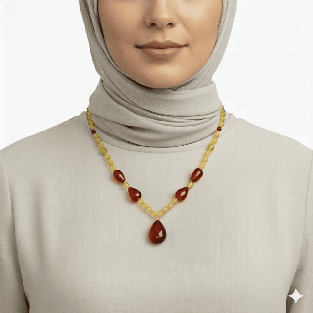 Damla Tasarım Faset Kesim Sarı Kırmızı Doğal Damla Kehribar Kadın Kolye - 2