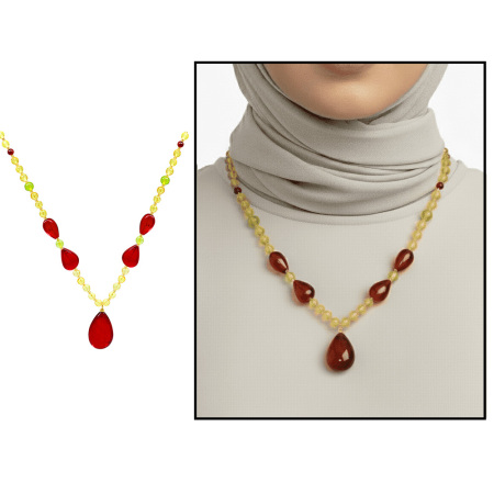 Gözyaşı Tasarım Faset Kesim Sarı Kırmızı Doğal Damla Kehribar Kadın Kolye - Tesbihane