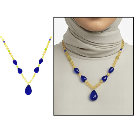 Gözyaşı Tasarım Faset Kesim Sarı Lacivert Doğal Damla Kehribar Kadın Kolye - Tesbihane