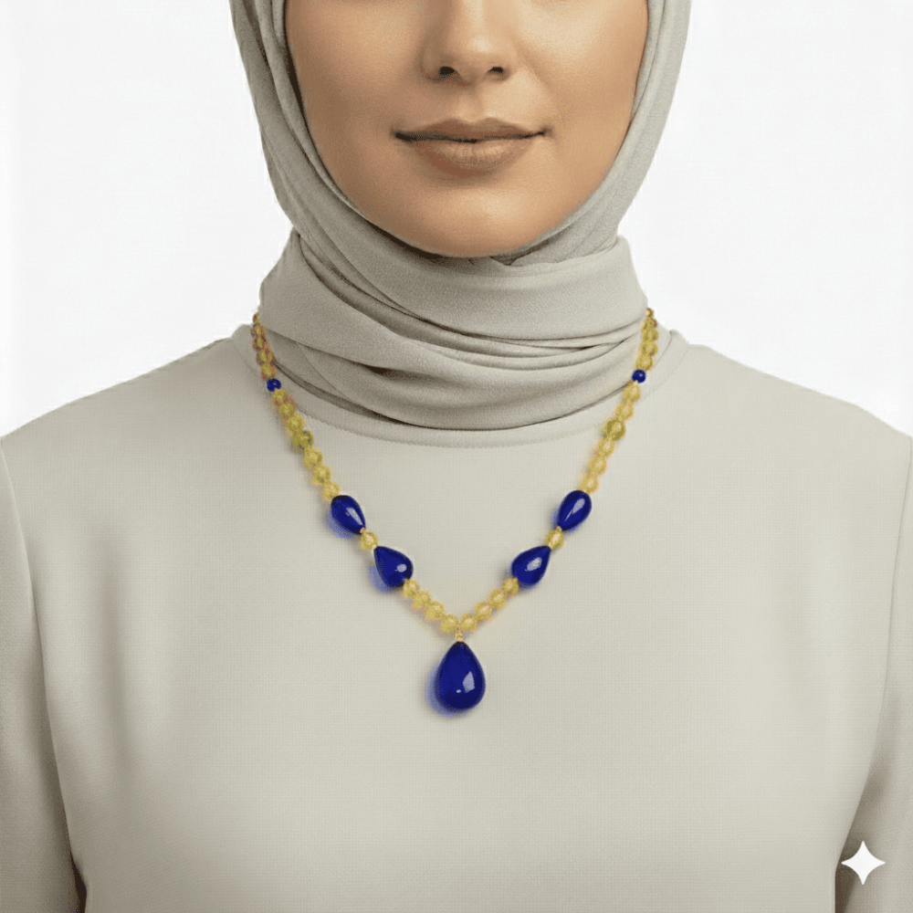 Damla Tasarım Faset Kesim Sarı Lacivert Doğal Damla Kehribar Kadın Kolye - 2