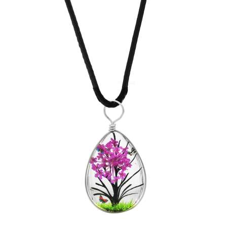 Damla Tasarım Fuşya Çiçekli Doğa Temalı El Yapımı Natural Reçine Kolye - Tesbihane