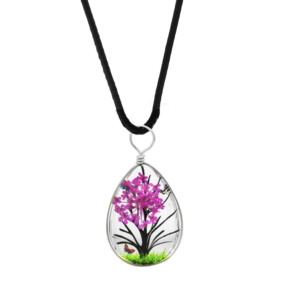 Damla Tasarım Fuşya Çiçekli Doğa Temalı El Yapımı Natural Reçine Kolye - 1