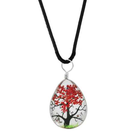 Damla Tasarım Kırmızı Çiçekli Doğa Temalı El Yapımı Natural Reçine Kolye - Tesbihane