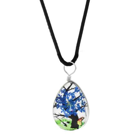 Damla Tasarım Mavi Çiçekli Doğa Temalı El Yapımı Natural Reçine Kolye - Tesbihane