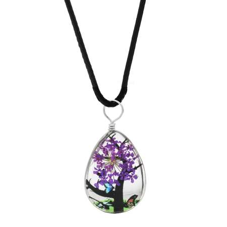 Damla Tasarım Mor Çiçekli Doğa Temalı El Yapımı Natural Reçine Kolye - Tesbihane