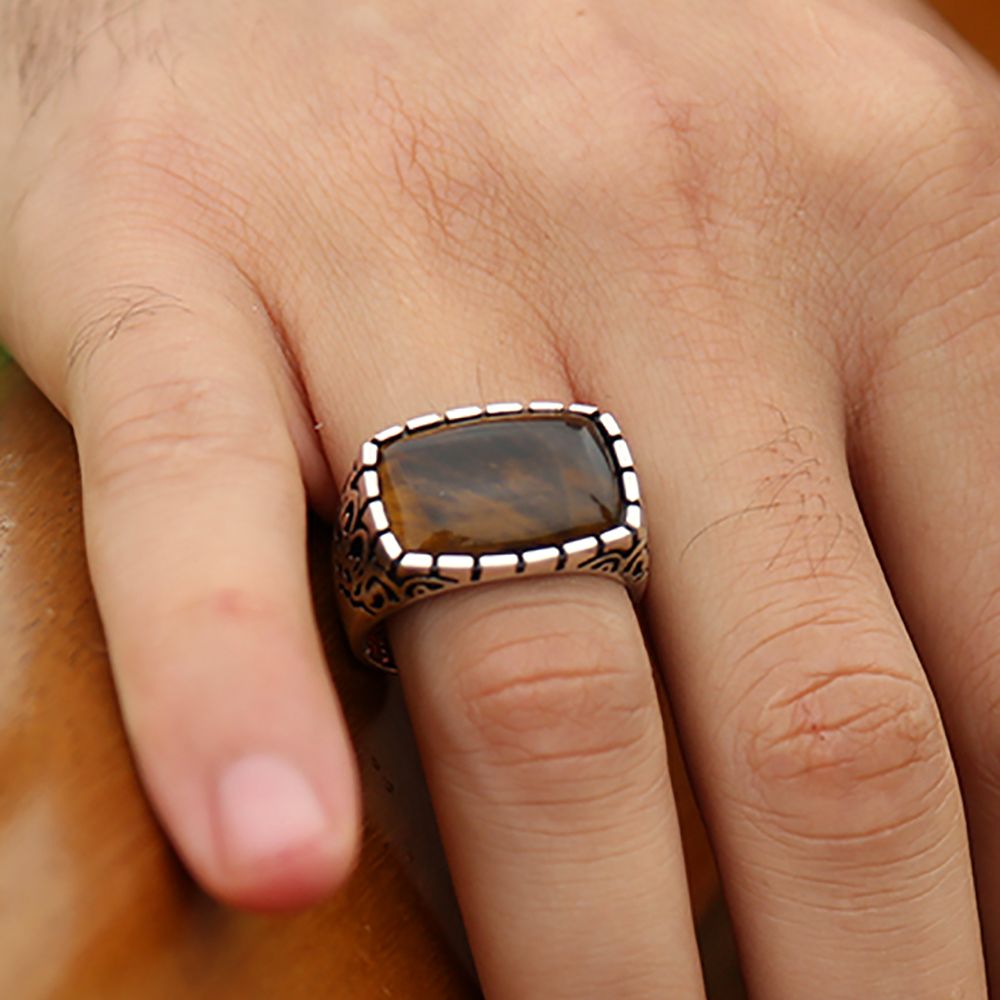 Dekoratif Model Kaplan Gözü Taşlı Gümüş Yüzük - 1