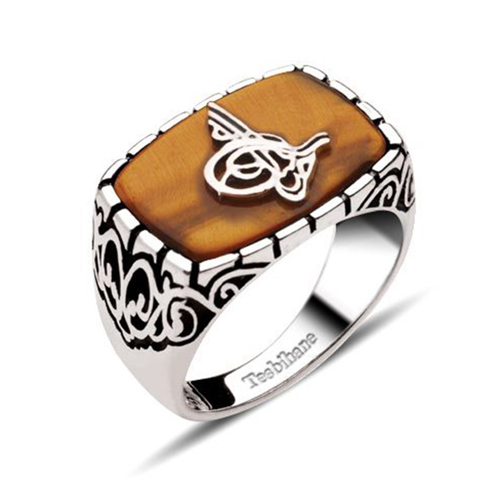 Dekoratif Model Kaplan Gözü Üzerine Tuğralı Gümüş Yüzük - 3