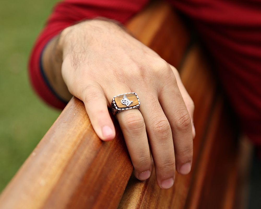 Dekoratif Model Kaplan Gözü Üzerine Tuğralı Gümüş Yüzük - 2