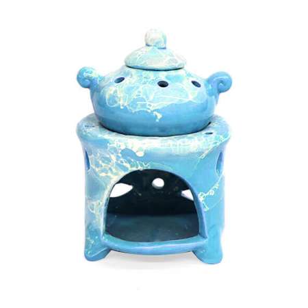 Demlik Tasarım Alev Temalı Mavi Beyaz Renkli Seramik Buhurdanlık - Tesbihane