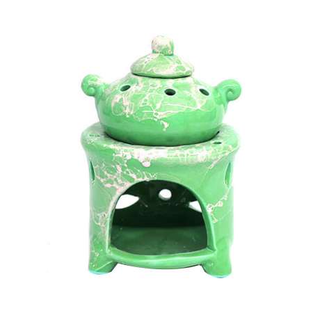 Demlik Tasarım Alev Temalı Yeşil Beyaz Renkli Seramik Buhurdanlık - Tesbihane