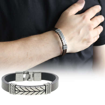 Ok Tasarım Kahverengi Kararmaz Metal-Deri Kombinli Erkek Bileklik - Tesbihane