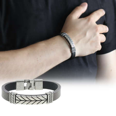 Ok Tasarım Siyah Kararmaz Metal-Deri Kombinli Erkek Bileklik - Tesbihane