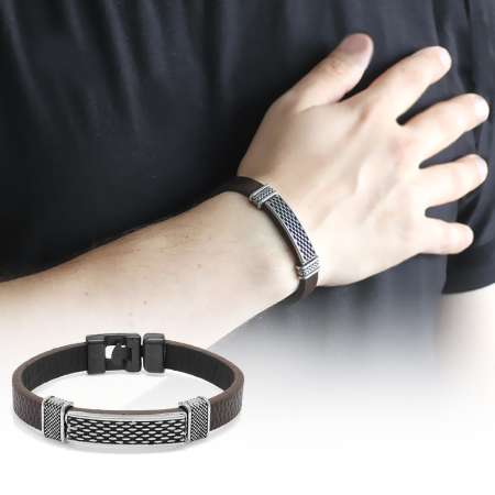 Nokta İşlemeli Kahverengi Kararmaz Metal Deri Kombinli Erkek Bileklik - Tesbihane