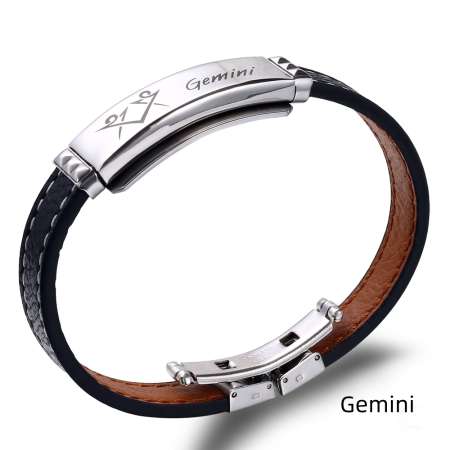 Deri ve Çelik Bileşim İsme Özel Yazılı İkizler Burcu Erkek Bileklik - Tesbihane