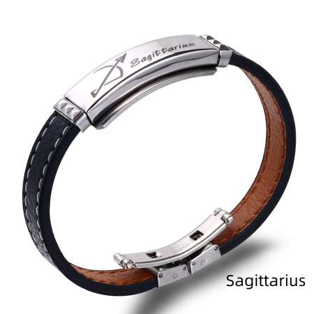 Deri ve Çelik Bileşim İsme Özel Yazılı Yay Burcu Erkek Bileklik - Tesbihane