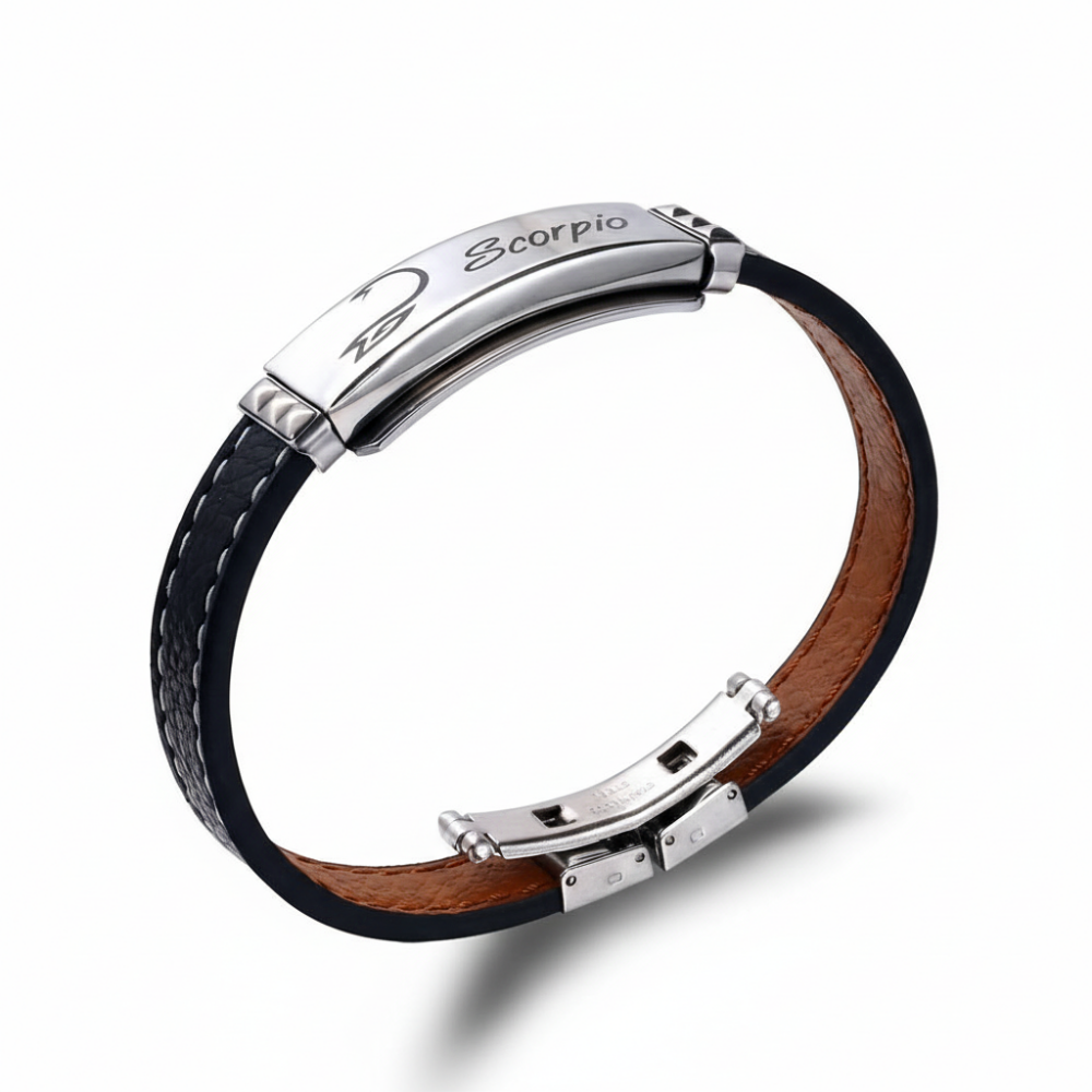 Deri ve Çelik Bileşim İsme Özel Yazılı Akrep Burcu Erkek Bileklik - 3
