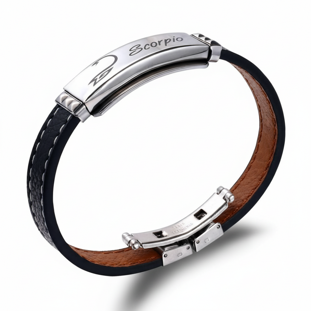 Deri ve Çelik Bileşim İsme Özel Yazılı Akrep Burcu Kadın Bileklik - 3