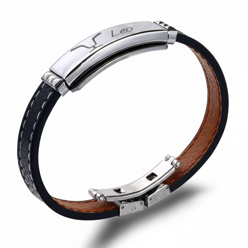 Deri ve Çelik Bileşim İsme Özel Yazılı Aslan Burcu Erkek Bileklik - 3