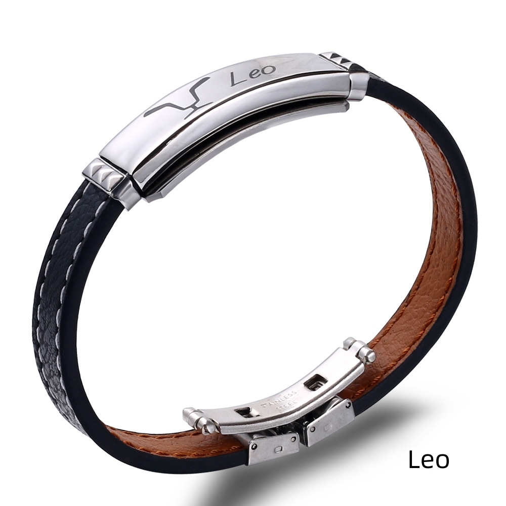 Deri ve Çelik Bileşim İsme Özel Yazılı Aslan Burcu Erkek Bileklik - 1