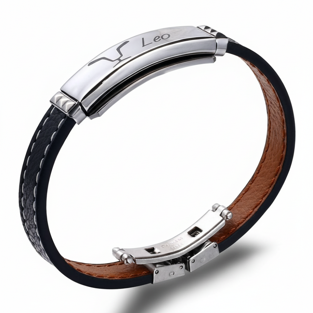 Deri ve Çelik Bileşim İsme Özel Yazılı Aslan Burcu Kadın Bileklik - 3