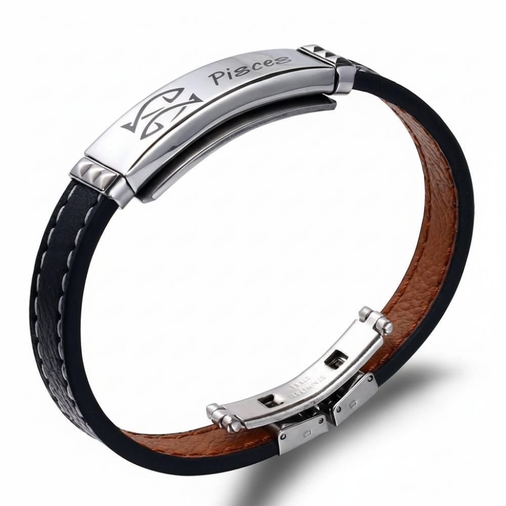 Deri ve Çelik Bileşim İsme Özel Yazılı Balık Burcu Kadın Bileklik - 3