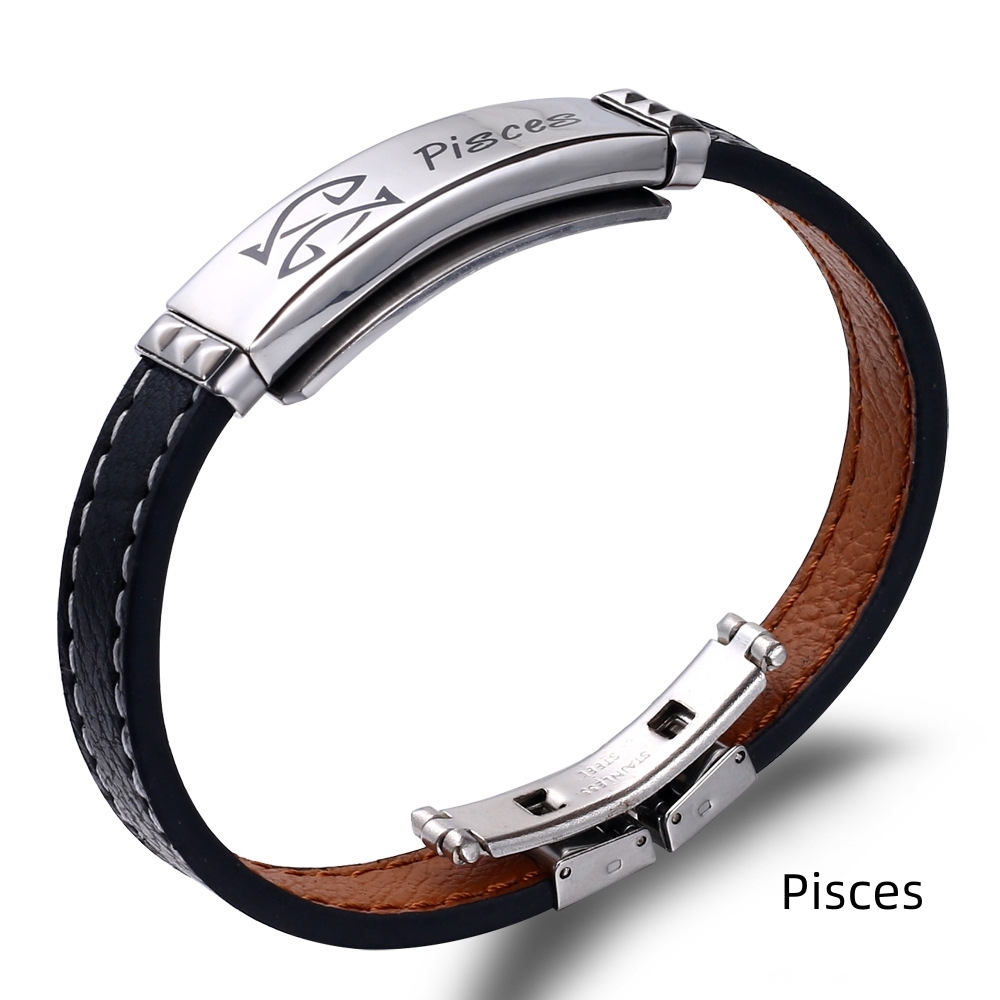 Deri ve Çelik Bileşim İsme Özel Yazılı Balık Burcu Kadın Bileklik - 1