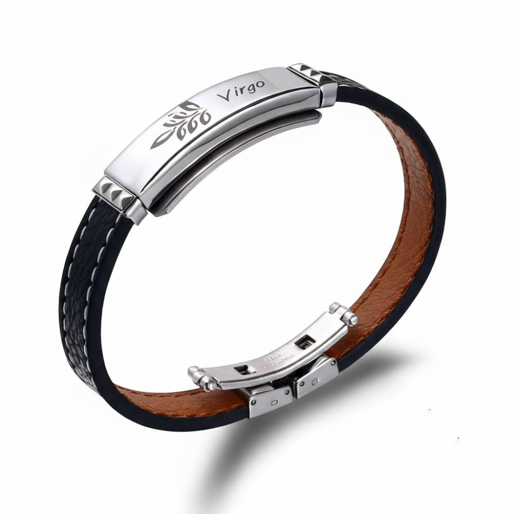 Deri ve Çelik Bileşim İsme Özel Yazılı Başak Burcu Erkek Bileklik - 3