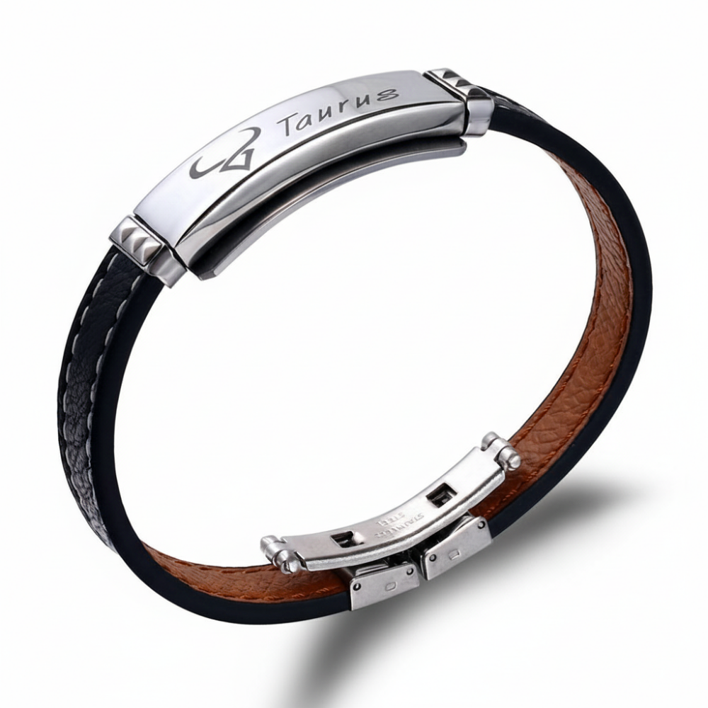 Deri ve Çelik Bileşim İsme Özel Yazılı Boğa Burcu Erkek Bileklik - 3