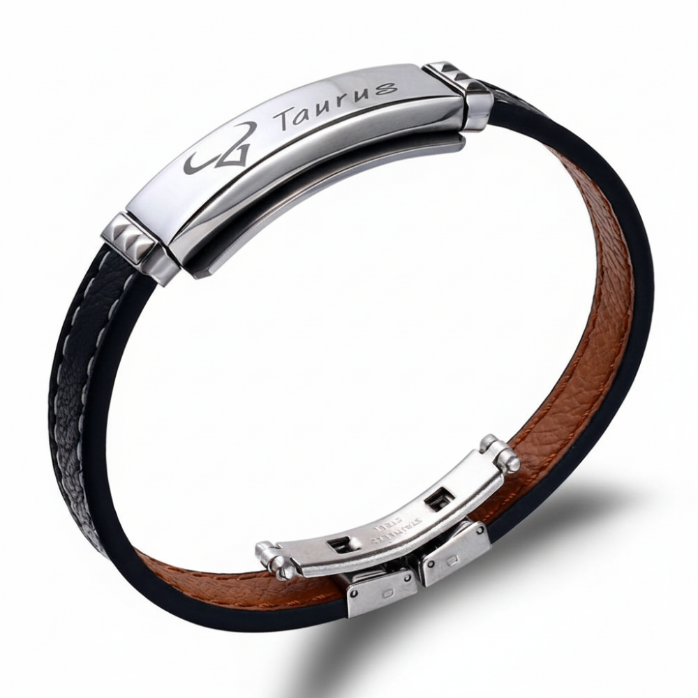 Deri ve Çelik Bileşim İsme Özel Yazılı Boğa Burcu Kadın Bileklik - 3