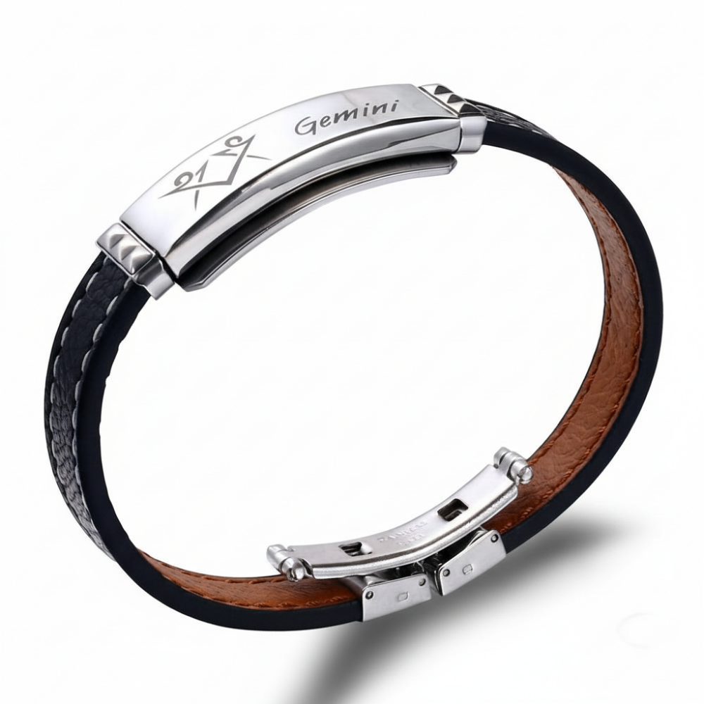 Deri ve Çelik Bileşim İsme Özel Yazılı İkizler Burcu Erkek Bileklik - 3