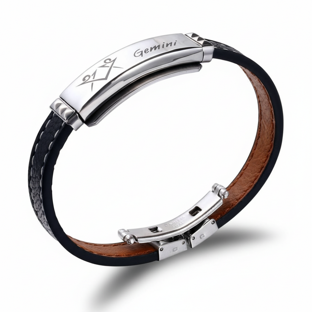 Deri ve Çelik Bileşim İsme Özel Yazılı İkizler Burcu Kadın Bileklik - 3