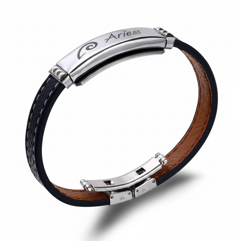 Deri ve Çelik Bileşim İsme Özel Yazılı Koç Burcu Erkek Bileklik - 3