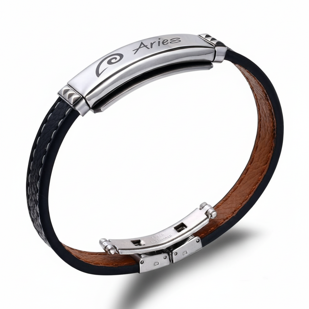 Deri ve Çelik Bileşim İsme Özel Yazılı Koç Burcu Kadın Bileklik - 3
