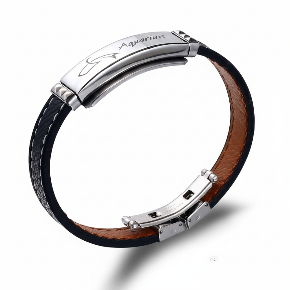 Deri ve Çelik Bileşim İsme Özel Yazılı Kova Burcu Erkek Bileklik - 3