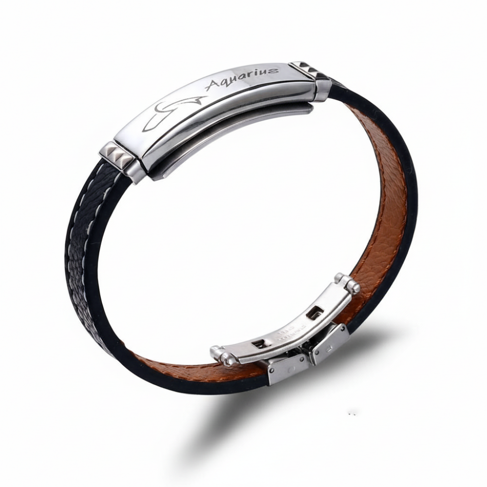 Deri ve Çelik Bileşim İsme Özel Yazılı Kova Burcu Kadın Bileklik - 3