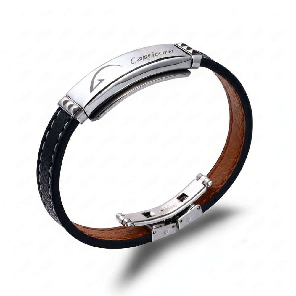 Deri ve Çelik Bileşim İsme Özel Yazılı Oğlak Burcu Erkek Bileklik - 3