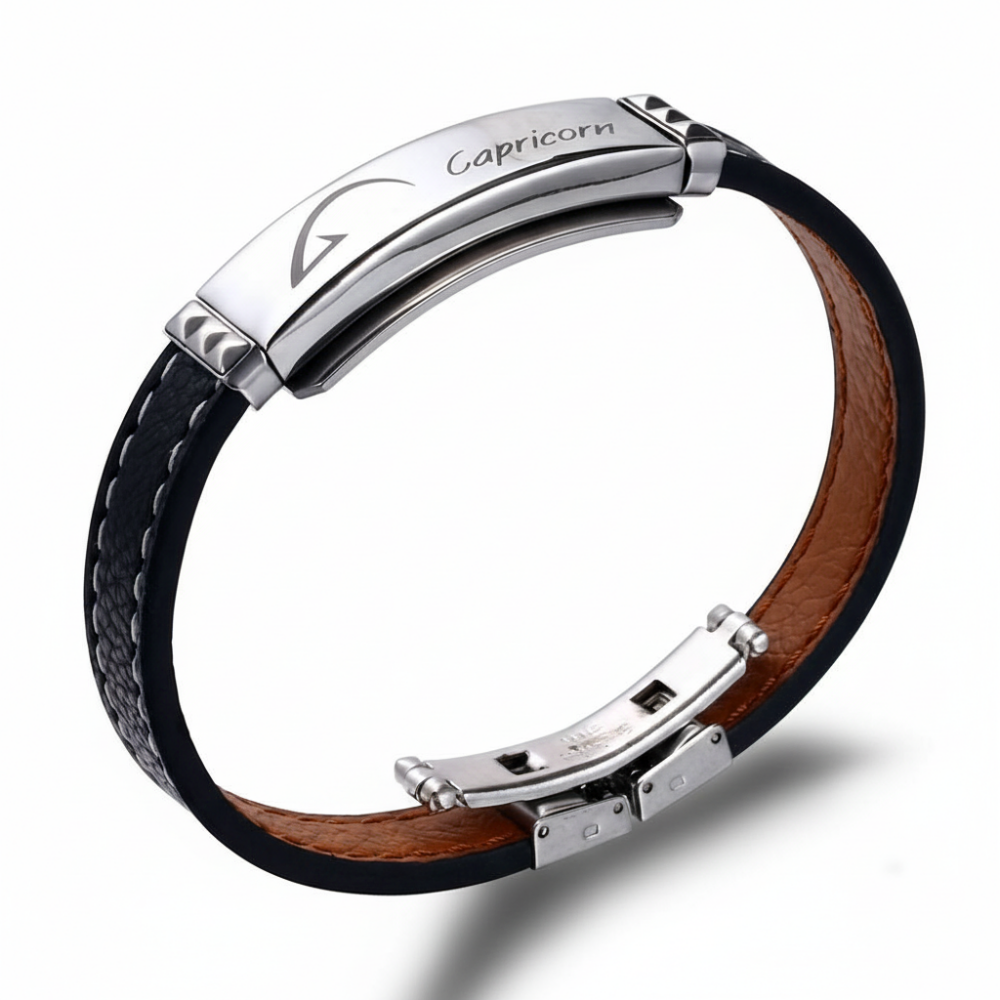 Deri ve Çelik Bileşim İsme Özel Yazılı Oğlak Burcu Kadın Bileklik - 3