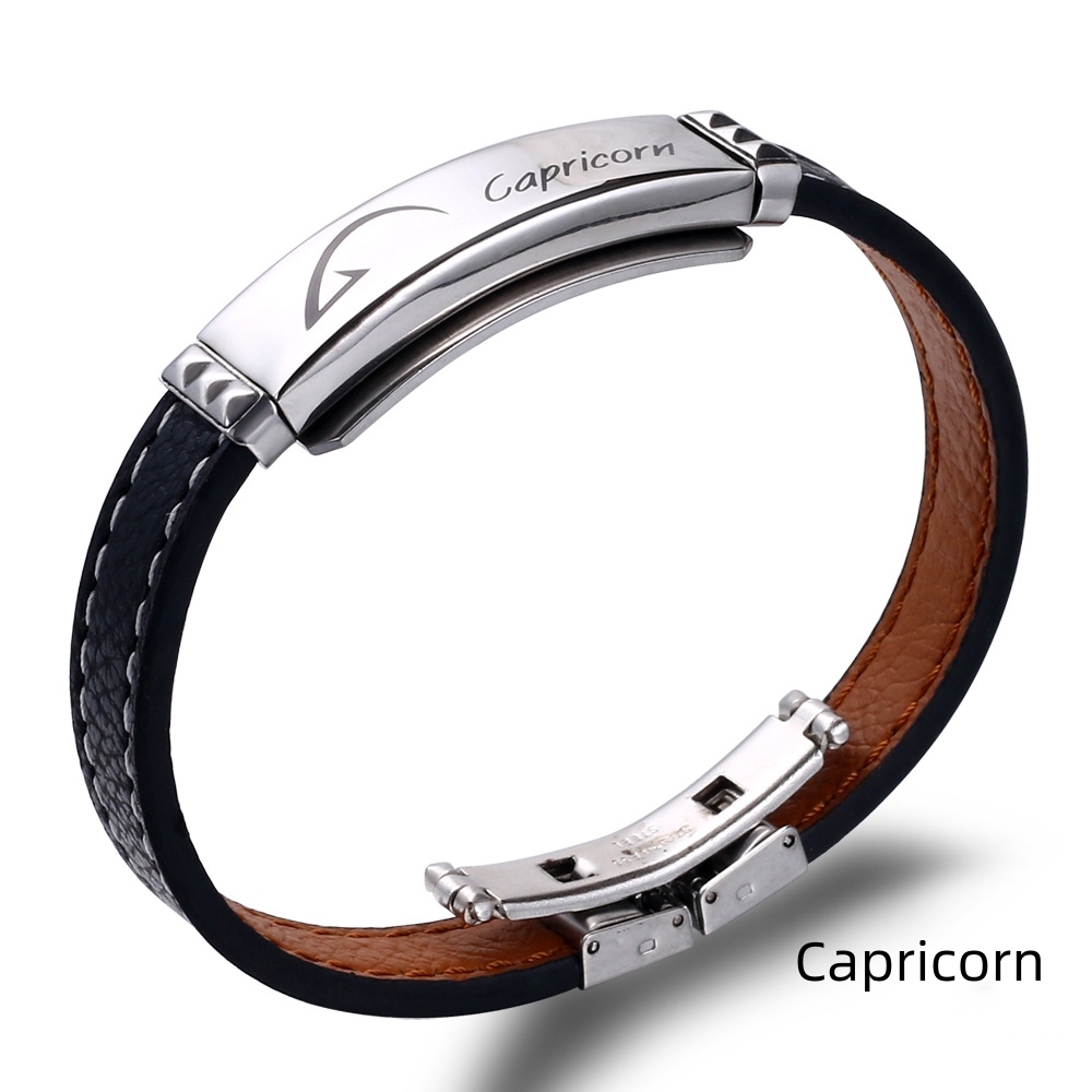 Deri ve Çelik Bileşim İsme Özel Yazılı Oğlak Burcu Kadın Bileklik - 1