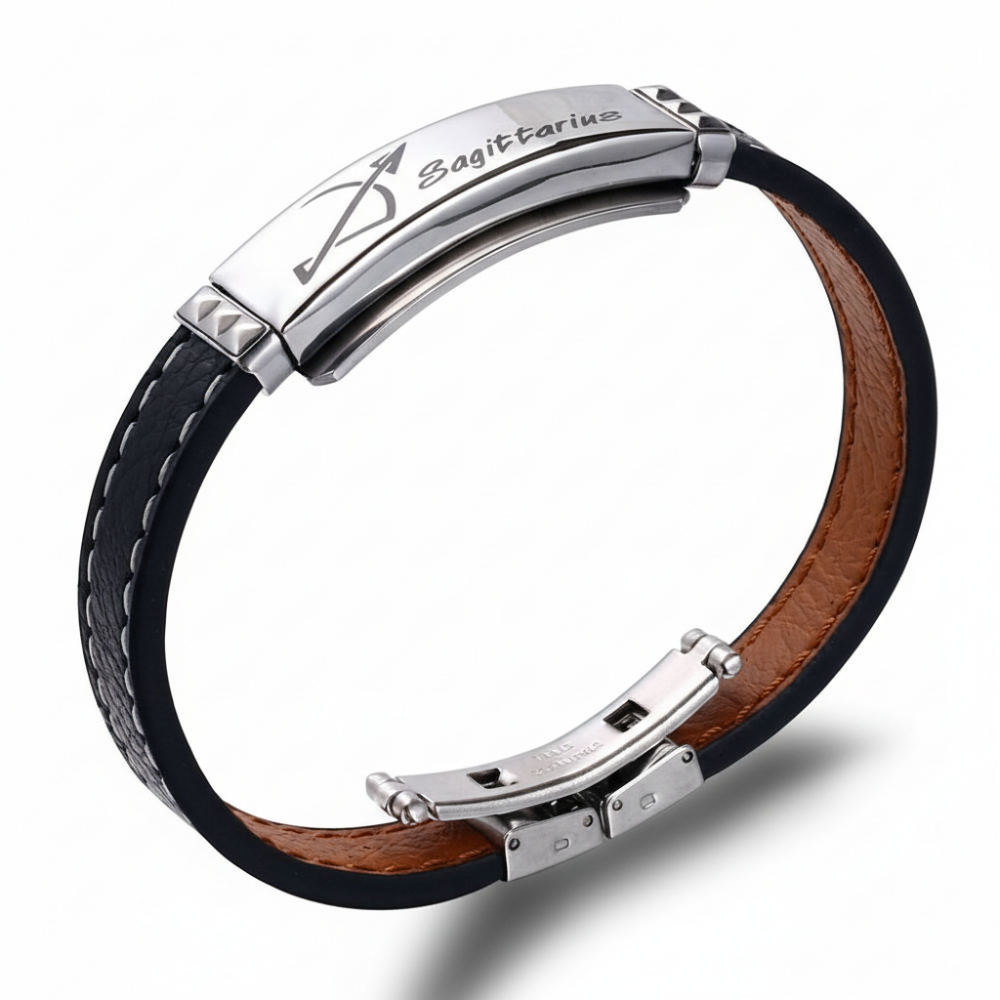 Deri ve Çelik Bileşim İsme Özel Yazılı Yay Burcu Erkek Bileklik - 4