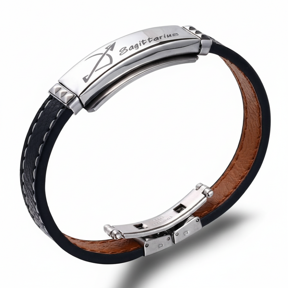 Deri ve Çelik Bileşim İsme Özel Yazılı Yay Burcu Kadın Bileklik - 4